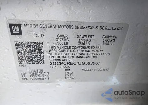 2018 Chevrolet Silverado 1500 1Lt из США, поврежденный, VIN 3GCPCREC4JG583067